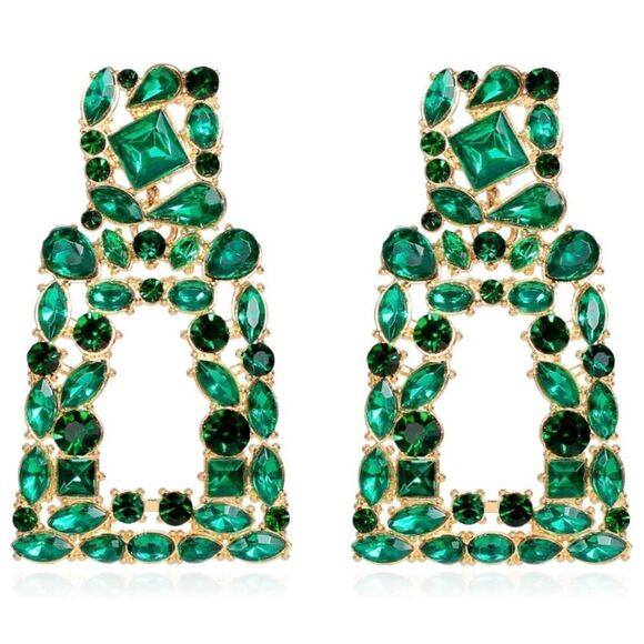 Yellow Gold with Emerald Green Crystal Geometric Rectangle Post Back Earrings - Picture 1 of 6